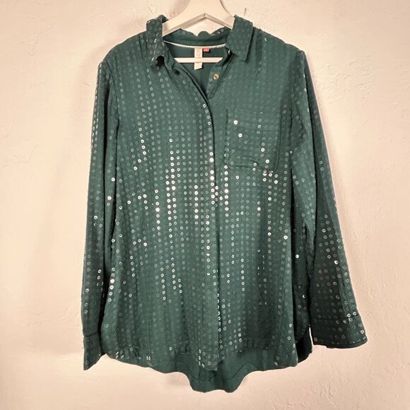 Anthropologie Pilcro Womens Sequin Button-Up Shirt Blouse Medium Green Pocket - Picture 1 of 9